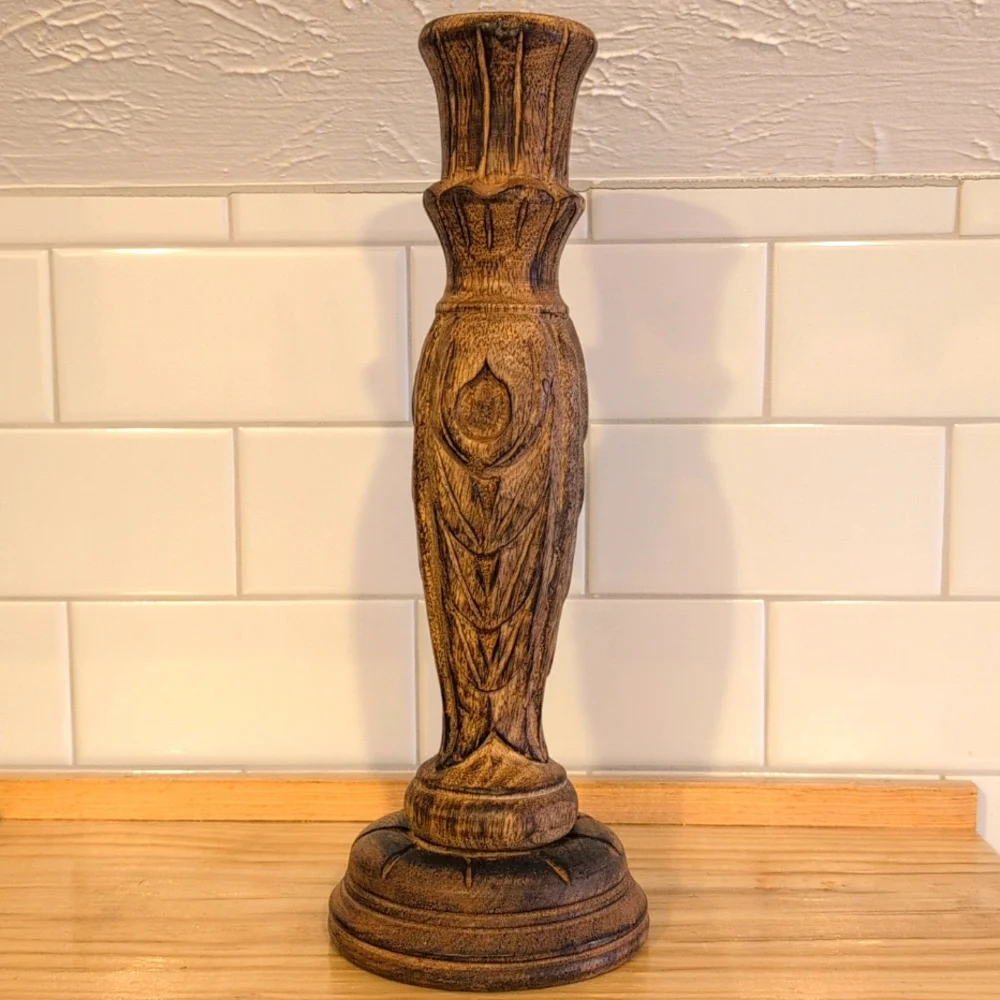 Vintage Wood hand carved, 2 piece tapir candle holder. 12.5